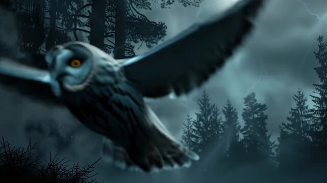 Dramatic Slow-Motion Tracking Shot of a Majestic Owl in a Misty Forest Under a Full Moon &ndash; Perfect for World Wildlife Day, International Day of Forests, and World Migratory Bird Day