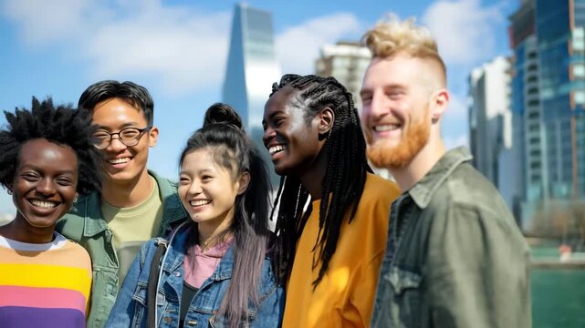 Cinematic Slow-Motion Diverse Group of Friends in Urban Setting &ndash; Perfect for International Day of Friendship, International Youth Day, and World Photography Day