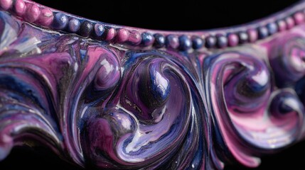 Obraz premium Intricate, ornate molding of a frame, painted with flowing, glossy swirls of purples, blues, & black