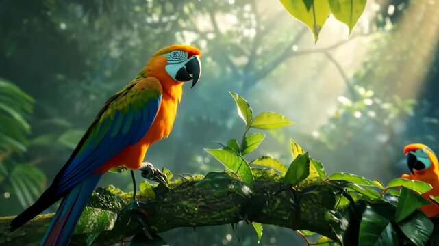 Cinematic Rainforest Scene with Vibrant Macaws in Golden Morning Light &ndash; Perfect for World Wildlife Day, International Day of Forests, and World Migratory Bird Day
