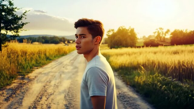 Ultra-Cinematic Tracking Shot of a Determined Young Man Walking on a Rural Road at Golden Hour &ndash; Perfect for International Day of Peace, International Youth Day, and World Photography Day
