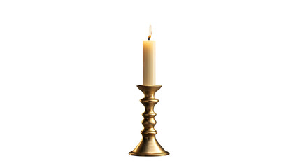 A lit candle in a gold candlestick on a transparent background