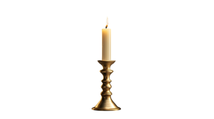 A lit candle in a gold candlestick on a transparent background