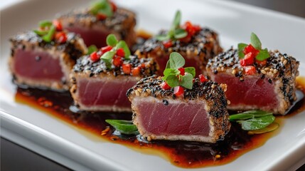 Seared tuna steaks, encrusted with sesame seeds, arranged on a rectangular plate with a dark sauce