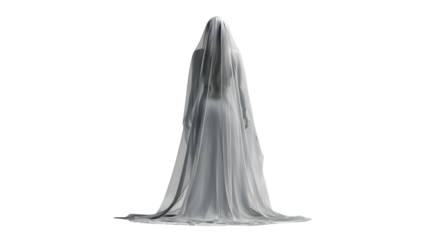 A figure draped in white fabric against a transparent background