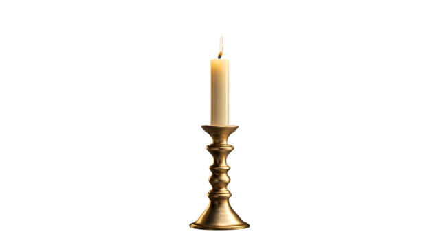 A lit candle in a gold candlestick on a transparent background