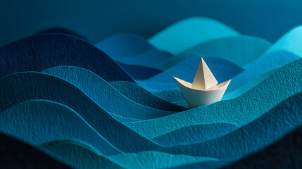 A small paper boat on blue fabric waves.
