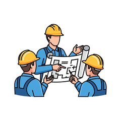 A construction team in hard hats reviews architectural blueprints, collaborating on a building project with attention to detail and precision in the design.