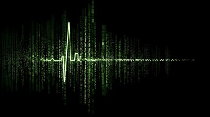 Digital heartbeat simulation with green binary code on a black background.