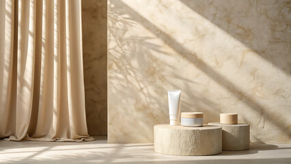 Light beige textured wall with diffused sunlight and cosmetic products image
