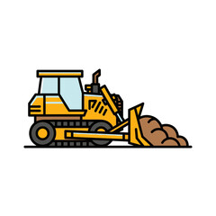 A vector illustration depicts a yellow bulldozer pushing a pile of brown earth, representing construction and earthmoving activities on a white background.