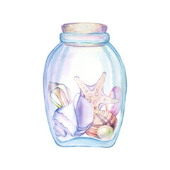 Glass jar with lid, bottle, vessel with treasures, shells, pebbles, sea souvenirs, mollusk, conch, beach decor, ocean shore, pastel colors. Single isolated object. Hand drawn watercolor illustration
