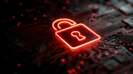 Red neon glowing lock icon on a black digital circuit board background, cybersecurity.