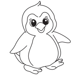 Adorable penguin sitting coloring page for children. Simple black outline design with friendly eyes, perfect for educational and fun coloring activities.
