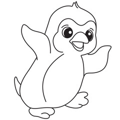 Happy penguin waving flipper line art illustration for children’s coloring and learning fun.