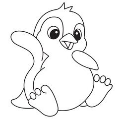 Cartoon penguin sitting with raised flipper line art for children’s coloring page.