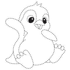 Cartoon penguin sitting with raised flipper line art for children’s coloring page.