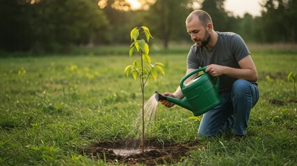 Watering a newly planted young tree with a green watering can in a garden - Powered by Adobe