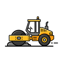 A vibrant illustration showcases a yellow road roller, meticulously compacting asphalt, symbolizing construction and infrastructure against a clean white background.