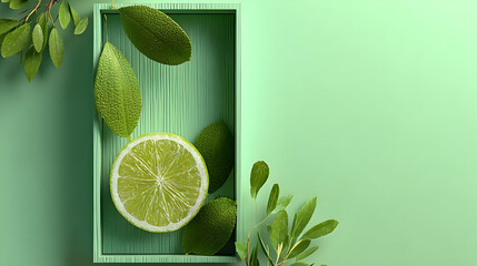 Lemon slice and green leaves in a light green box against a green background.