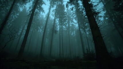 Fototapeta premium A misty forest at dusk, tall pines shrouded in fog, evoking a sense of mystery and quiet solitude.