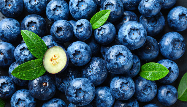 Close-up view of plump, juicy blueberries scattered with fresh mint leaves. - Powered by Adobe