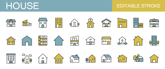 House line icon set – Includes home, real estate, building, apartment and architecture. Editable stroke. Colored vector illustration.