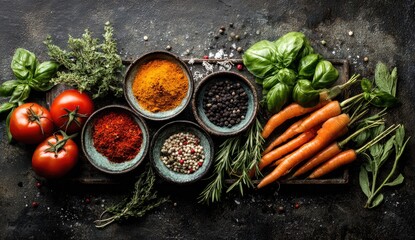 Fresh herbs, spices, and vegetables on dark background; food photography, recipe, cooking