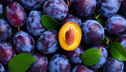 A single halved plum reveals its juicy interior amidst a cluster of ripe, dark purple plums and vibrant green leaves.