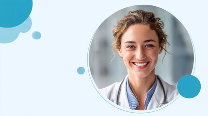 Smiling Caucasian female doctor in a white coat with a stethoscope, bright background.