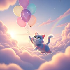 Fototapeta premium cat flying with pastel balloons, fluffy fur swaying, dreamy clouds.