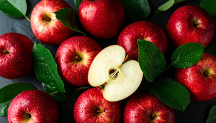 A cluster of red apples with green leaves, featuring a halved apple revealing its core and seeds.