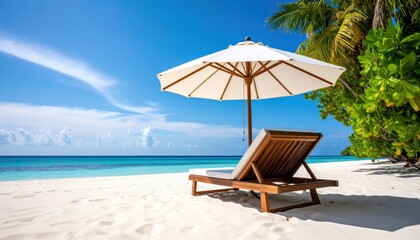 Obraz premium Tranquil White Sandy Beach with Crystal Clear Waters and Gentle Waves Under Bright Sunny Blue Sky