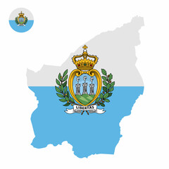 Vector set of San Marino high detailed map flag and national flag round badge isolated on white background.