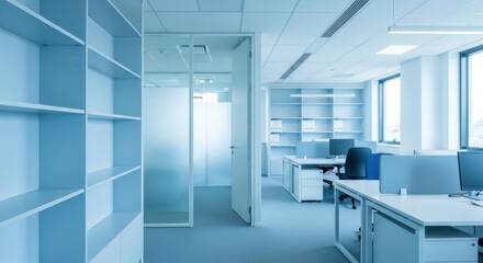 Modern open office space design with sleek desks and bright light, perfect for showcasing corporate culture, collaborative workspaces, or innovative business environments