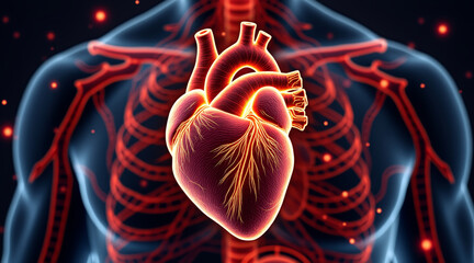 Detailed depiction of human heart surrounded by glowing anatomical structure, showcasing intricate design and vitality
