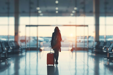 空港ターミナルでスーツケースを引く女性旅行者の後ろ姿