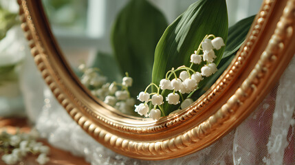 Lily of the valley flowers reflected in an oval gold-framed mirror.