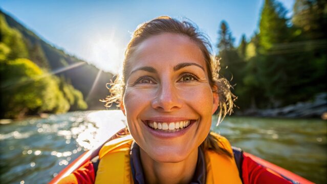 Female kayaker in alpine region enjoys sunny day on river with joyful smile reflecting her adventurous spirit and love for nature