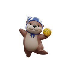 Naklejka premium Cute Otter Cartoon Illustration Wearing Water Polo Hat And Holding A Ball