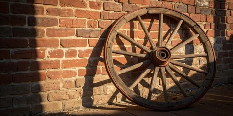 Obraz premium Rustic wooden wheel leaning against an aged brick wall in warm afternoon light