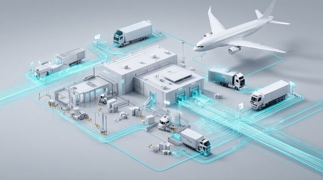 An advanced smart logistics network integrating air cargo, warehouses, and transportation systems for efficient supply chain management.