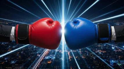 Boxing gloves poised for a competitive match against a backdrop of a vibrant city at night symbolizing business rivalry - Powered by Adobe