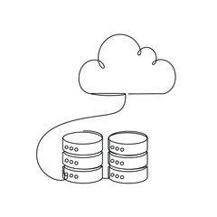 Vector art of a continuous line drawing illustrates cloud computing and data storage with a minimalist design representing modern technology and seamless connectivity