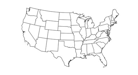 Simple black and white outline map of the United States, highlighting state borders.