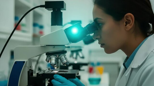 Vector art of female scientist using a microscope in a laboratory for scientific research and medical analysis to discover new medicine