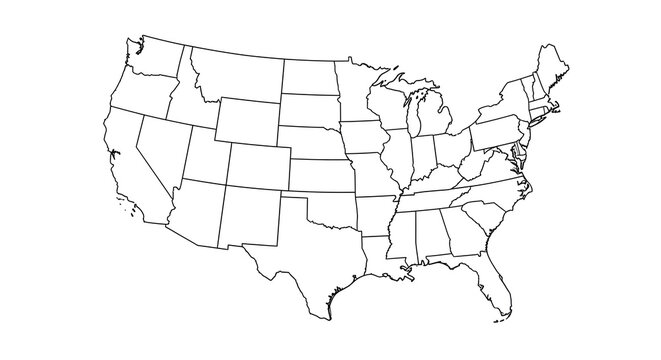 Simple black and white outline map of the United States, highlighting state borders.