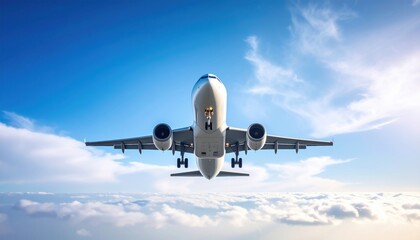 Naklejka premium Airplane Soaring High Above the Clouds in a Bright Blue Sky Representing Freedom and Adventure Spirit