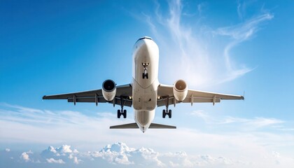 Fototapeta premium Majestic Large White Airplane Soaring Through Clear Blue Sky with Bright Sunlight Creating a Bold Contrast