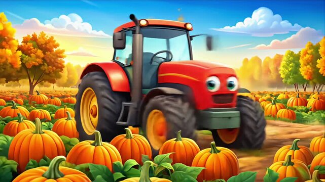 Cartoon tractor harvest pumpkin field